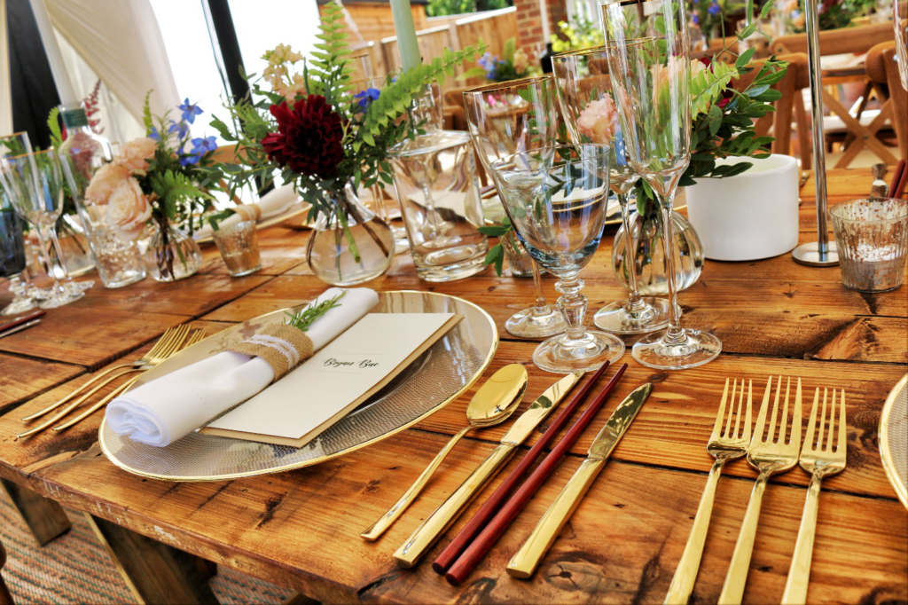 A table set up by a professional catering service for a wedding party